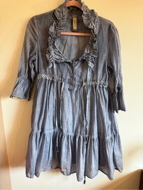 Saga Linen Blend Tunic Dress Medium Blue Boho Cottagecore Ruffle Top